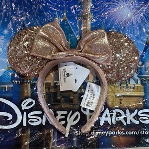NWT Disney Parks Glitter 2020 Sequins Bow Champagne Gold Minnie Ears Headband
